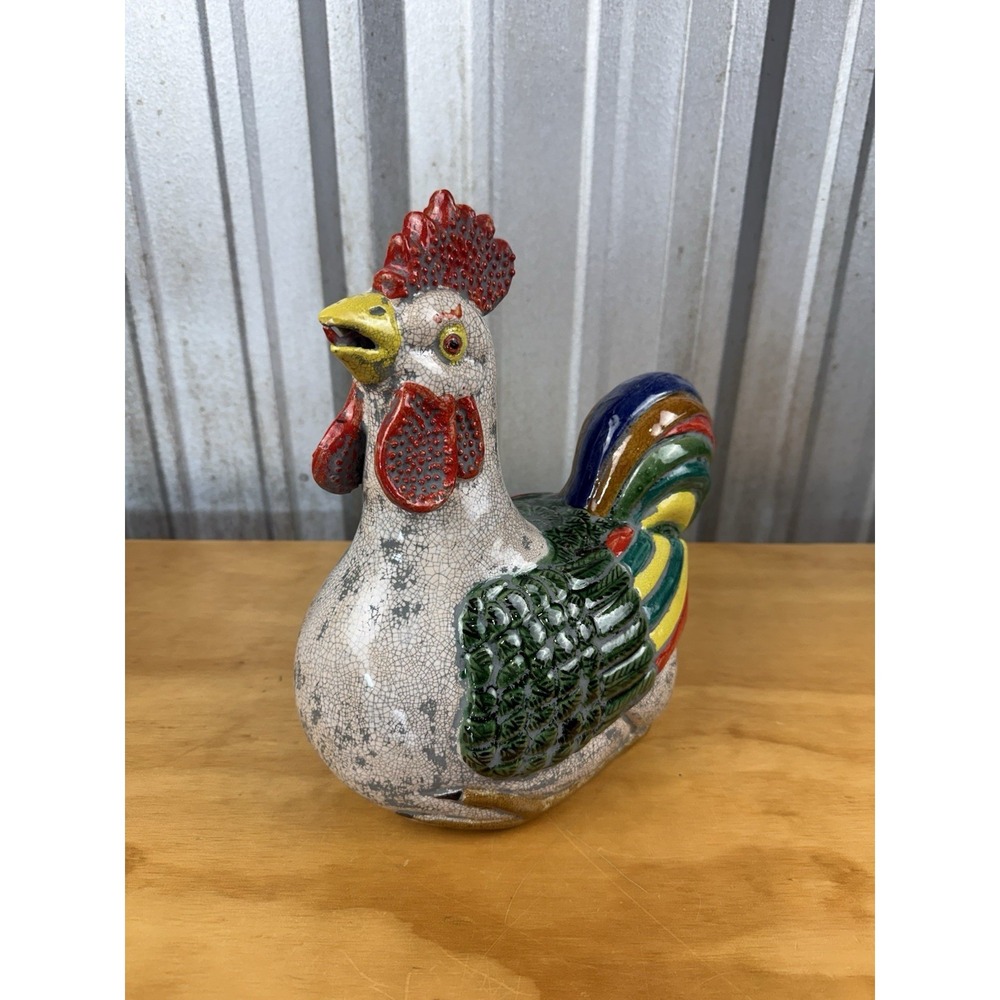 Large Vintage Mexican Folk Art Ceramic Rooster Crackle Glaze Pottery Statue 12"
